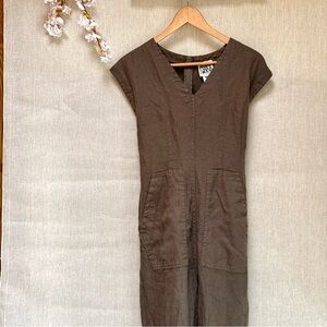 Prairie Underground Double Wrap 100% Linen Tie Jumpsuit Army Utility Pocket xs